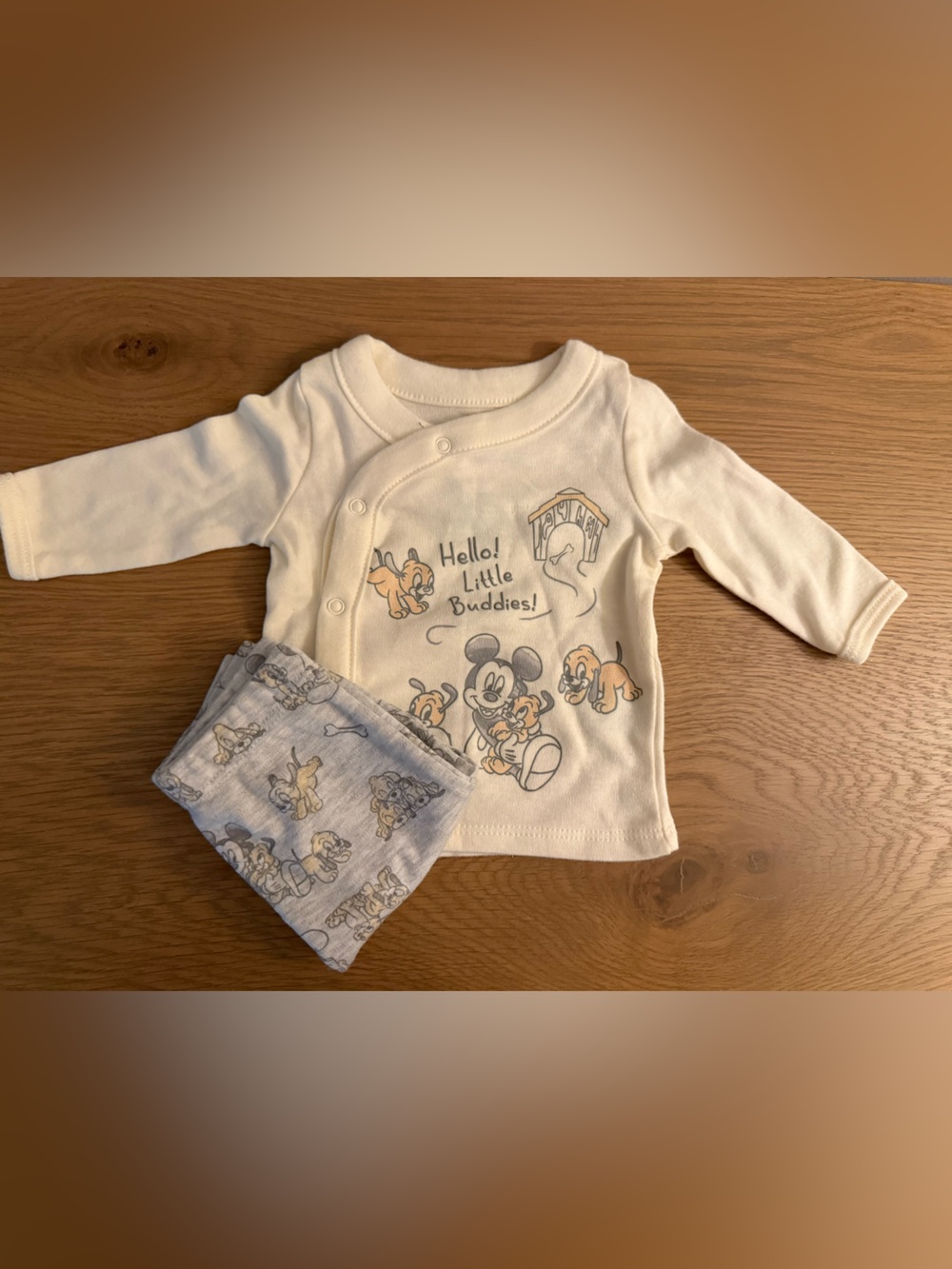 Disney Cream and Light Gray Mickey Mouse Baby Top & Pants Set